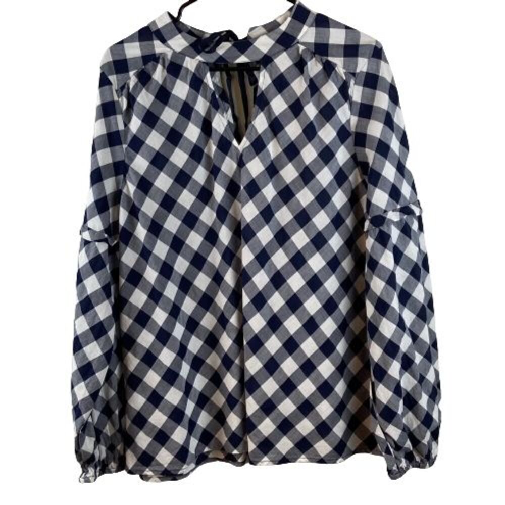 Crown & Ivy Blouse Womens Large Check Navy Blue Keyhole Neck Tie Casual Top